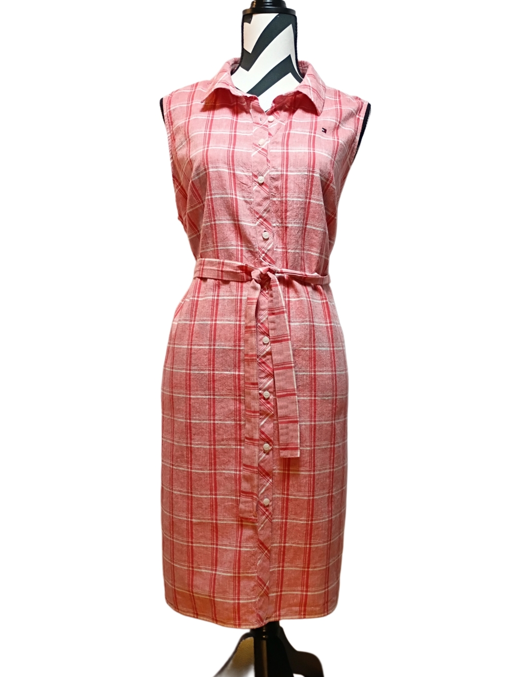 Tommy Hilfiger Pink Plaid Sleeveless Midi Shirt Dress with Tie Belt
